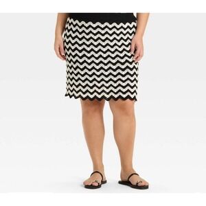 AVA & VIV Womens 3X Plus Black White Chevron Crochet Knit Skirt Elastic Waist